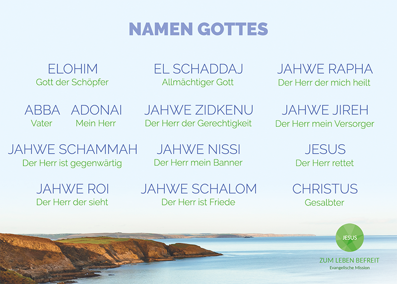Rückseite Christliche Karte mit den Namen Gottes.