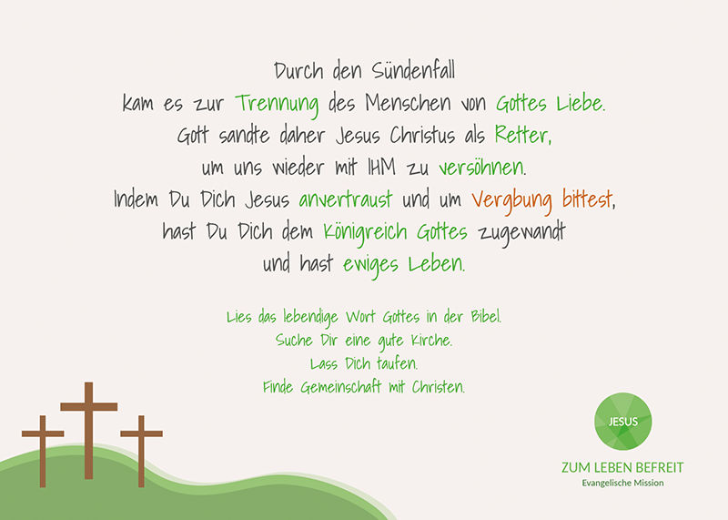 Rückseite Evangelisationskarte zum Erklären und Verteilen. Das Evangelium in einer Minute erklärt.