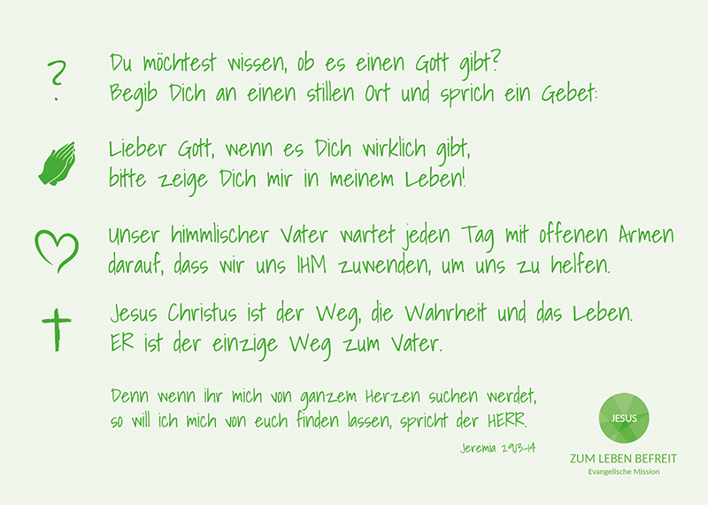 Rückseite Evangelisationskarte zum Verteilen. Mit Gebet, um Gott kennen zu lernen.